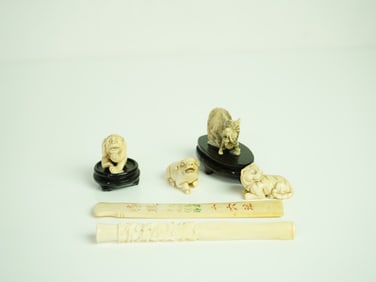 Lot of 6 Asian Carved Netsuke and Cigarette Holder