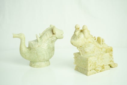 Lot of 2   Chinese Craved Stone Ceremonial Ye Wine Vessel