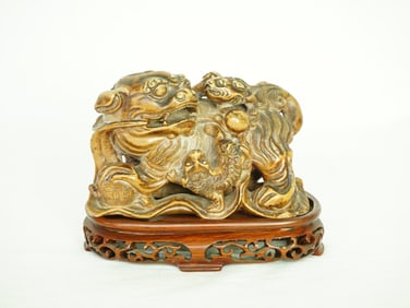 Chinese Soapstone Carving of A Foo Lion With Wood Stand