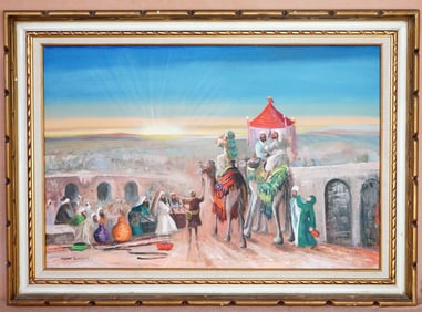 Large Marion Sumersille Signed Oil on Canvas ,Middle Eastern Scene With Figure'S Camels,1996
