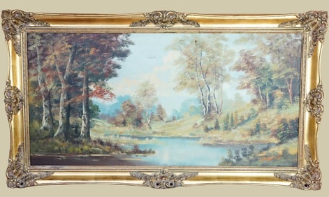 Large Oil on Canvas , Riverbank Landscape