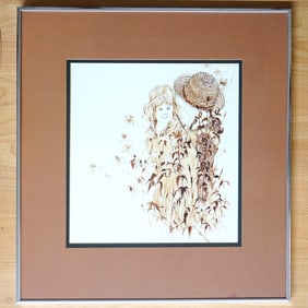 Vintage Artist Signed Drawing,Woman With Straw Hat