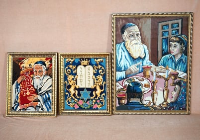 Lot of 3 Vintage Judaica Needlepoint  Artworks