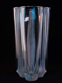 Daum France Crystal Vase With Three Frosted Fluted Segments, Signed