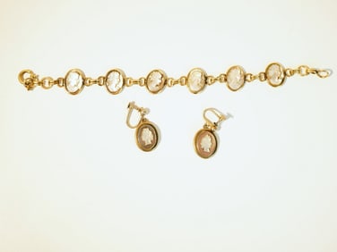 Fine Gold Cameo Bracelet and Earrings
