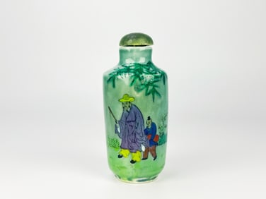 Chinese Green Ground Famille Rose 'Figural'  Porcelain Snuff Bottle