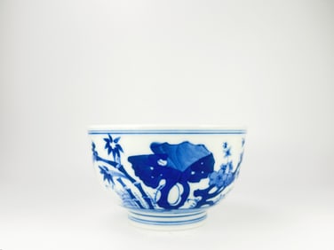 Chinese Blue and White 'Flowers and Bird' Tea Bowl, Qing Dynasty