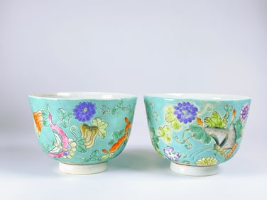 Pair of Turquoise-Ground Famille-Rose ‘Butterfly’ Tea Bowls,