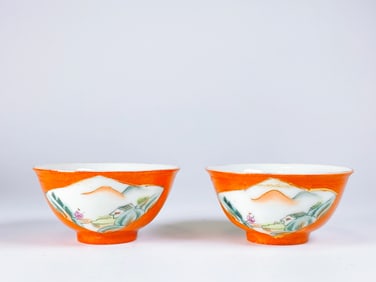 Pair of Chinese Gilt-Decorated Coral-Red-Ground  'Landcape' Tea Bowls