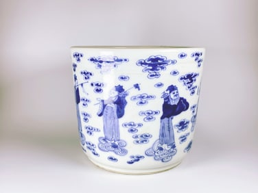 Chinese Blue and White 'Eight Immortals' Brush Pot, Qing Dynasty