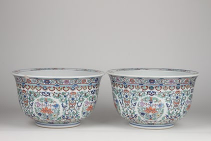 Pair of  Chinese Doucai  'Lotus Medallion'  Planter, 18th-19th Century