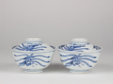 Pair of Chinese Blue and White Tea Bowls and Covers,19th Century