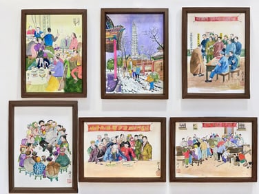 Ye Qianyu (Chinese,1907-1995),Set of 6 Comics, Ink and Color on Paper