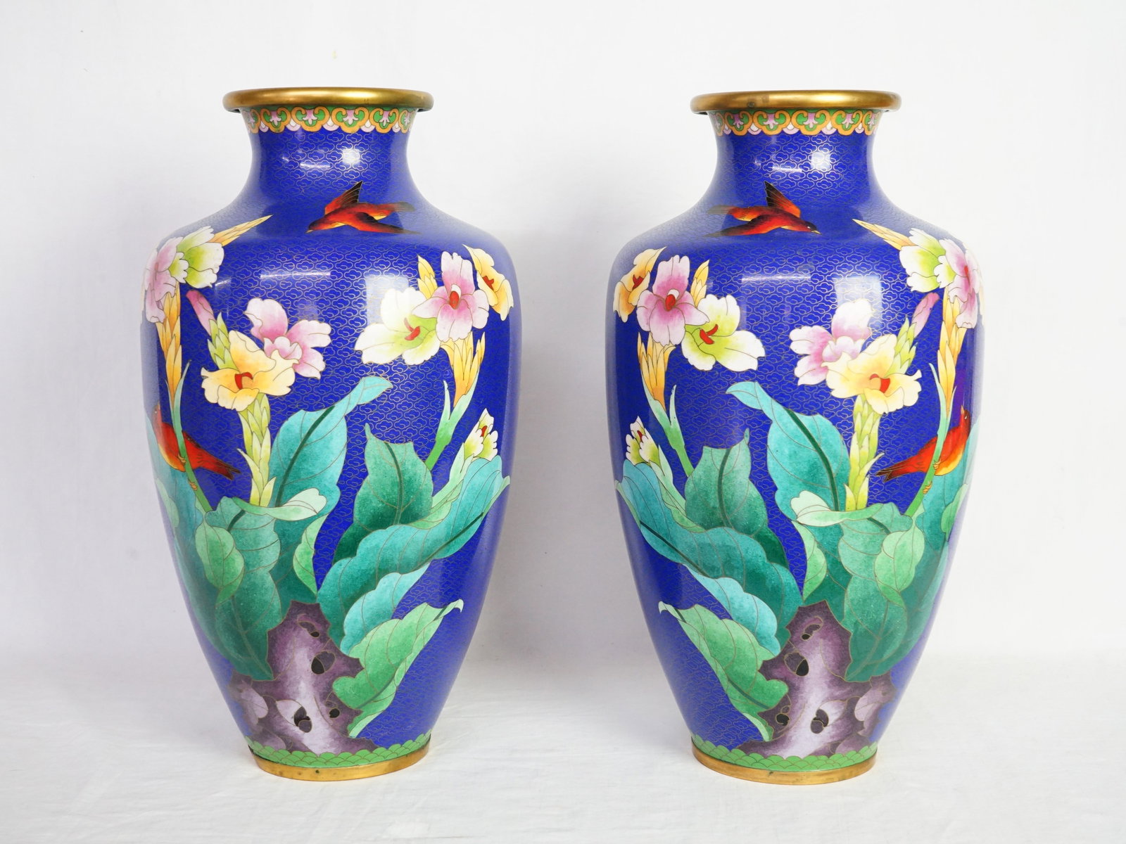 Pair of Chinese Cloisonne 'Flowers and Birds' Vases (1 of 7)