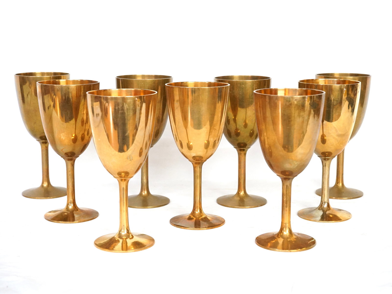Lot of 9 Vintage Gilt Brass Wine Goblets Made in Thailand: Approximate size:6.25x2.75x2.75 in Shipping: We offer in-house shipping services for most small items. This means that we will take care of packing and shipping the items directly to you. For larger o