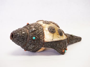 19th Century Tibetan Buddism Ritual Concha With Silver Work