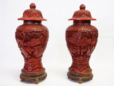 A Pair of Chinese Cinnabar Lacquer Covered Jar on Stands, Qing Dynasty