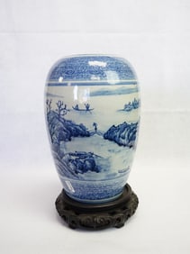 Chinese Blue White 'Landscape'Porcelain Vase With Wood Stand ,Qing Dynasty