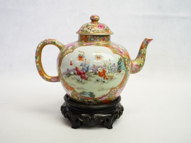Fine Chinese Mille Fleur Porcelain Teapot With Base, Qianlong Marks