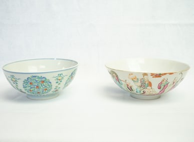 A Doucai 'Chrysanthemum Medallion' Bowl and Rare Famille Rose 'Eighteen Luohan' Bowl