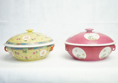 Two Large Chinese Famille Rose Porcelain Covered Bowls