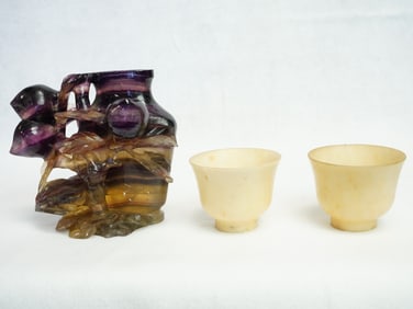 Group of Three Chinese Amethyst Vase and Hard Stone Carvings Cups