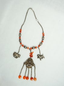 Qing Dynasty Strling Silver Necklace Adorned With Coral and Agate