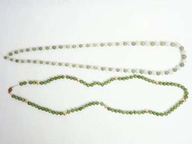Two Chinese Jade and Jadiete Necklace With Gold Beans