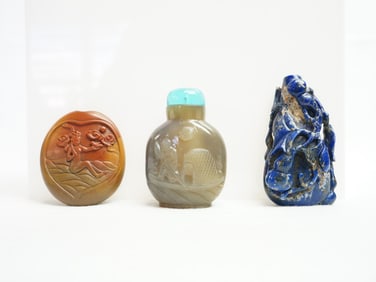 Three Chinese Jade Agate and Lapis Lazuli Snuff Bottles ,19th Century