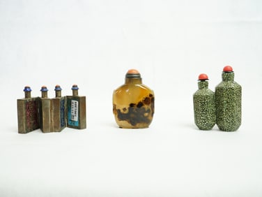 Three Snuff Bottles Agate and Sharkskin ,Qing Dynasty
