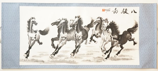 Chinese 'Eight Horses' Painting Scroll,Ink and Color on Paper