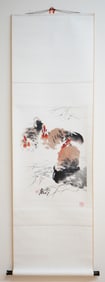 Chinese 'Roosters' Painting by Liu Baoshen(B.1937),Ink and Color on Paper,Hanging Scroll