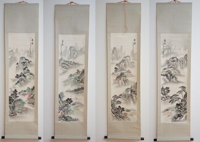 Set of 4 Chinese Painting,Ink and Color on Silk,Hanging Scrolls