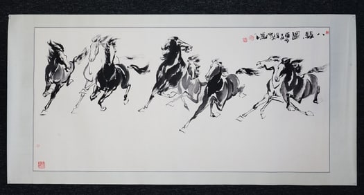 Chinese 'Eight Horses' Painting by Xu Yun,Ink on Paper