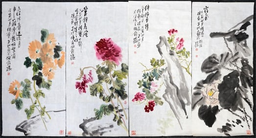 Dong Zhilin(B.1945)Set of 4 Chinese 'Flowers' Paintings,Ink and Color on Paper