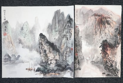 Set of 2 Chinese Painting by Xu Bangda,Ink and Color on Paper