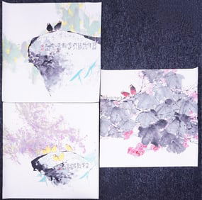 Set of 3 Chinese 'Flowers'Paintings by Li Ming,Ink and Color on Paper