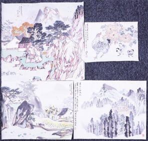 Set of 4 Chinese Calligraphy and Paintings by Xiu Li,Ink and Color on Paper