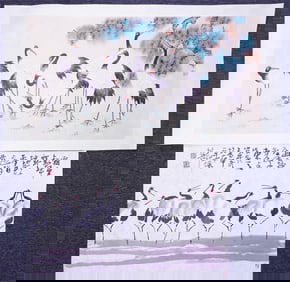 Lot of 2 Chinese'Crane' Paintings,Ink and Color on Paper