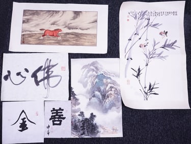 Lot of 6 Chinese Calligraphy and Paintings,Ink and Color on Paper