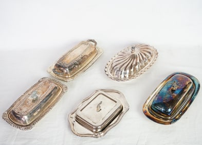 Lot of 5 Vintage Silver Plated Butter Dishes with Glass Inserts