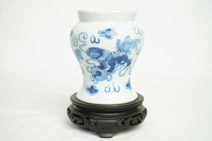Chinese Blue and White 'Lions' Jar with Wood Stand, Mid Qing Dynasty