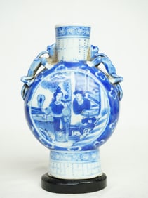 Chinese Blue and White Moon Flask with Wood Stand, 19th Century