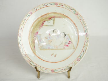 Chinese Famille-Rose 'Erotic Subject' Dish with Bronze Stand, 19th Century