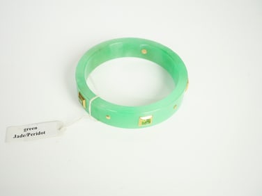 Chinese Jadeite Bangle Bracelet with Peridot and 14K Gold
