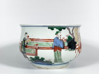 A Wucai 'Figural' Censer,  Qing Dynasty,