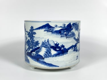 A Blue and White 'Landscape' Brushpot