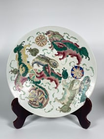 A Large Famille Verte  'Buddhist Lions’  Charger,  Qing Dynasty