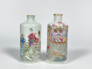 Two Famille-Rose' Enamel on Porcelain 'Fictional Figures' Snuff Bottles