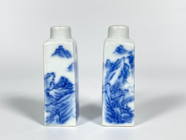 Two Chinese Blue and White Square Snuff Bottles